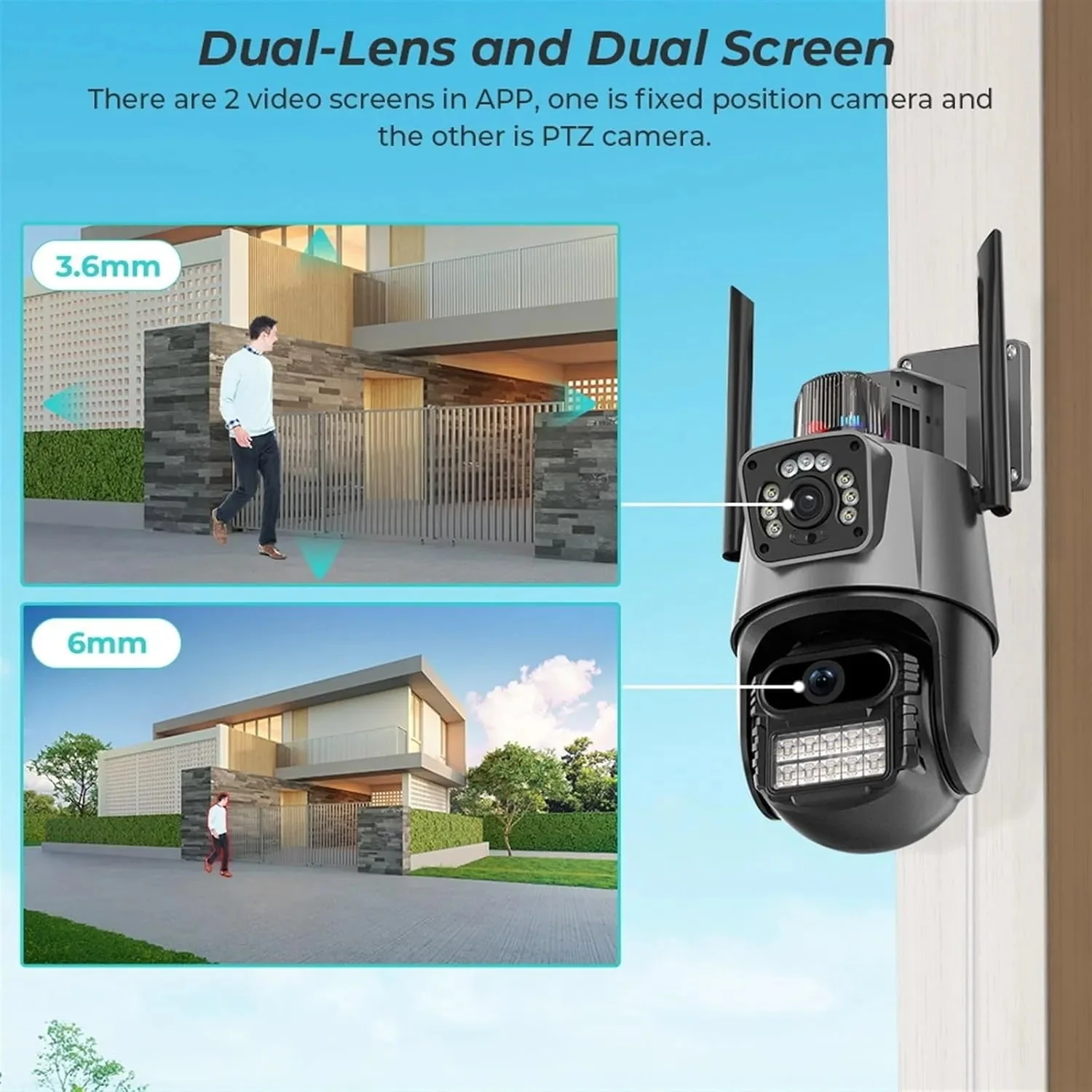 Surveillance Camera, 6MP Camera Dual Lens Dual Screen PTZ Outdoor Waterproof Security Video Surveillance Camera Police Light Alarm IP Camera,for home security(64G SD Card) - Image 4